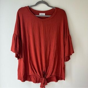 Emelia Oversized Tie Front Flutter Sleeve Top Rust Red Small Made in USA Modal